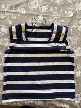 Zara Navy and White Striped Tank with Gold Button Accents